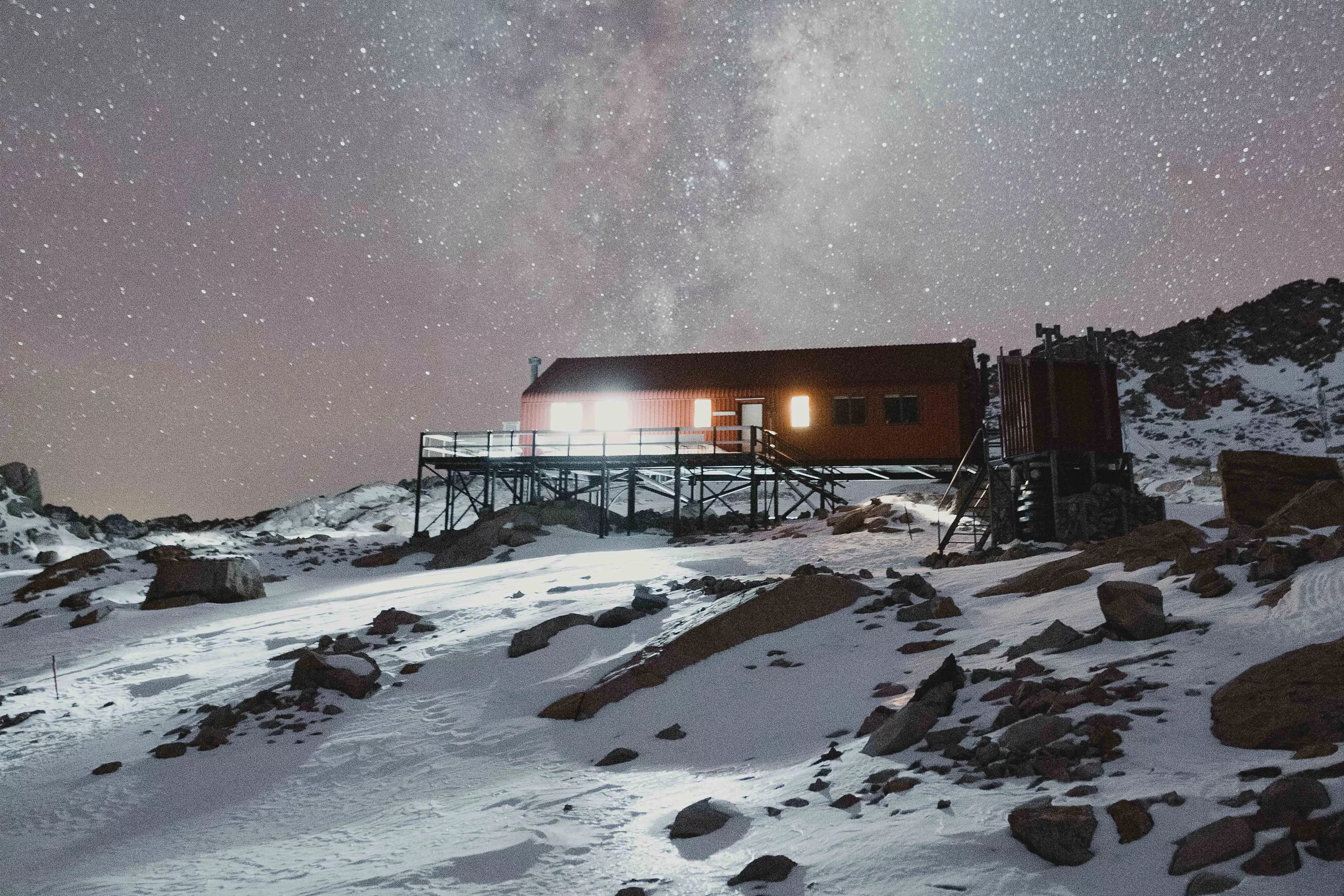 Backcountry hut at night